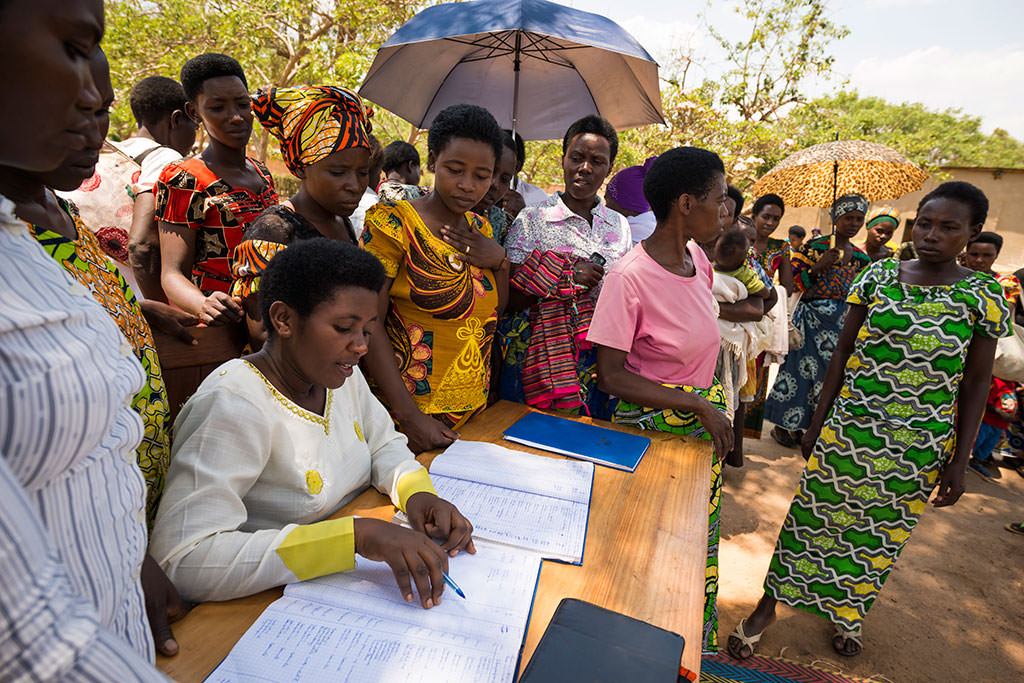 Mothers in Rwanda queuing to receive baby supplies